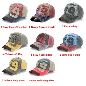 Detail shot of vintage denim baseball caps with 3D number 79 patch and embroidery
