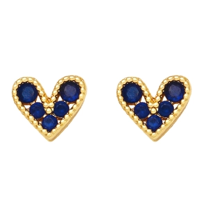 Macro detail of gold-plated heart stud earrings featuring five blue zircon stones
