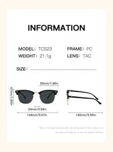 Detailed size chart for retro half-frame sunglasses with frame and lens dimensions