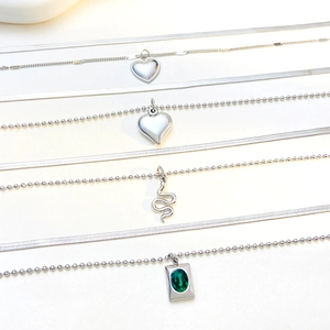 Double-layer silver titanium necklace set with heart and snake pendants on white background