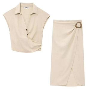 Top Avvolgente Senza Maniche E Gonna Midi Misto Cotone Lino Dettaglio Fibbia Pieghettato Stile Casual Donna