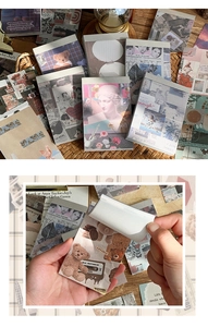 Detail of vintage scrapbooking paper with teddy bears and statues for DIY journaling