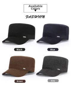 Flat top wool military caps for men in black, navy, brown and grey with metal logos