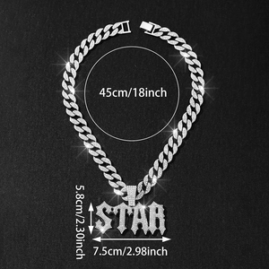 Macro shot of silver STAR pendant dimensions with iced out diamonds on Cuban chain