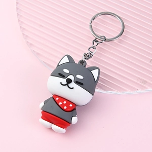 Cute cartoon Shiba Inu dog keychain in grey and white PVC with a durable metal ring