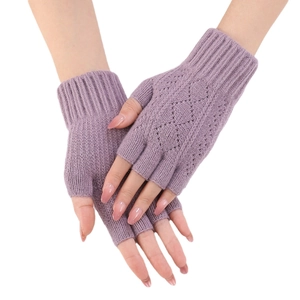 Diamond-patterned knit purple arm warmers and fingerless gloves for winter