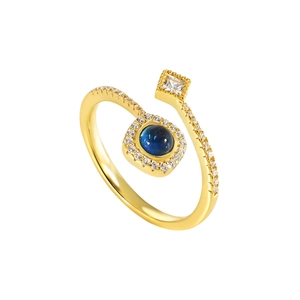 Luxurious gold S925 silver cross open ring featuring blue zircon and pavé crystals