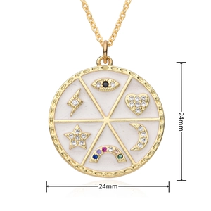 Detail view of 24mm circular pendant showing colorful zircon eye and heart charms