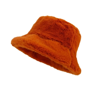Vibrant orange faux fur bucket hat for women with thick plush texture for winter warmth