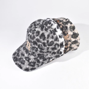 Plush leopard print baseball caps for winter with gold letter embroidery on crown