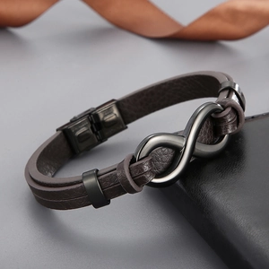 Men's brown braided leather bracelet with black infinity charm and magnetic clasp