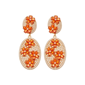 Vintage gold oval drop earrings with orange zircon flowers and white sparkling crystals