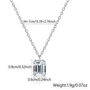 Detail showing dimensions of S925 silver necklace with emerald cut cubic zirconia