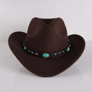 Macro detail of dark brown western cowboy hat with turquoise and metal rivet leather band