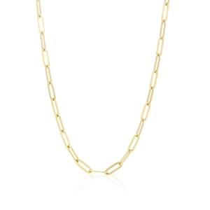 Close-up of 18K gold-plated stainless steel paperclip chain necklace on white background