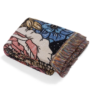 Bohemian woven cotton throw blanket with artistic girl illustration and colorful fringe
