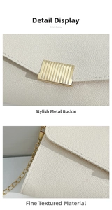 Close-up of cream lychee texture leather with gold metal buckle and chain strap