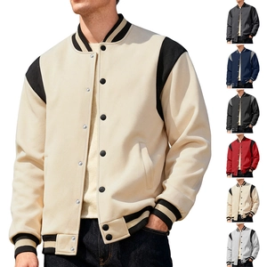 Detail view of American style varsity jacket featuring rib-knit collar and snap buttons