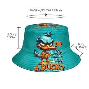 Green cotton bucket hat with angry duck print and size dimensions for summer