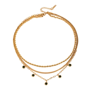 Three-layer gold stainless steel necklace with rope, snake chain and green gemstone charms