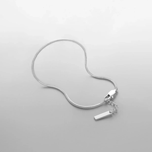 Detail of silver snake chain bracelet with lobster clasp and adjustable extension link