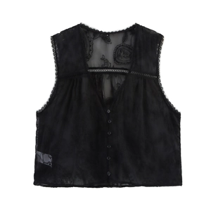 Elegante schwarze Weste aus transparenter Spitze mit Stickerei und Knopfleiste