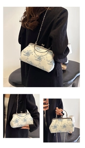 Detailed views of a white vintage lace bag with blue floral embroidery and chain strap