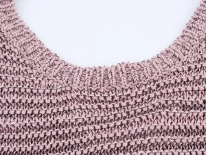Close-up of the ribbed crew neck and delicate knit texture of the mauve summer top