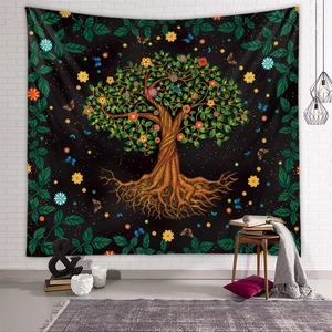 Detail of life tree tapestry on white brick wall with colorful flowers and butterflies