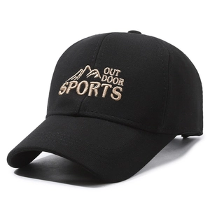 Black outdoor sports baseball cap with embroidered mountain logo and curved brim