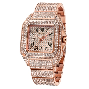 Close-up of rose gold square watch face with sparkling diamonds and calendar window