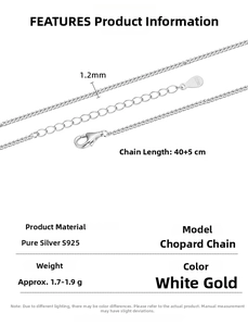 Detail view of a 1.2mm 925 sterling silver Chopin chain necklace with adjustable length