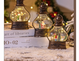 Retro bronze LED Christmas lanterns with snowman and Santa Claus miniature scenes inside