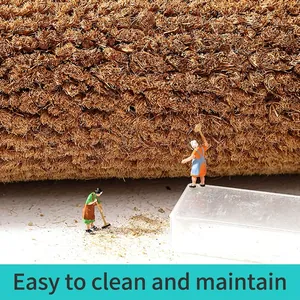 Natural coir doormat with miniature cleaner figures showing easy cleaning texture
