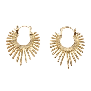 Golden irregular fireworks textured hoop earrings with a sunburst design on white background