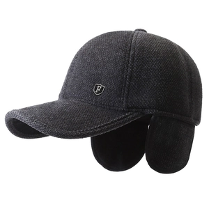 Winter wool earflap baseball cap in dark gray tweed with metal F shield decoration