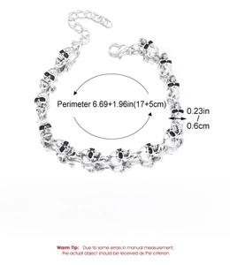 Detail showing dimensions of retro silver skull link bracelet with lobster clasp