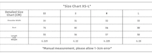 Size chart for women's slim fit top showing measurements for XS, S, M, and L in centimeters