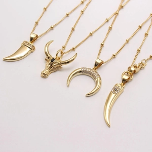 Bull Horn Moon Pendant Necklace Gold Plated Copper With Zircon Inlaid Satellite Bead Chain Hip Hop Jewelry For Women