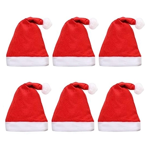Classic red plush Christmas hats with white fur trim and pom-poms in a six-piece set