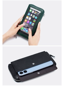 Macro detail of leather touch screen phone bag showing green and black models