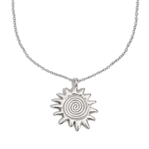 Silver stainless steel necklace featuring a sun pendant with a spiral texture design