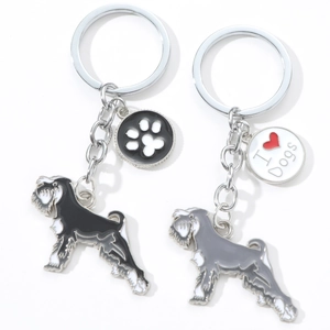 Miniature Schnauzer dog metal keychains with paw print and I Love Dogs charms