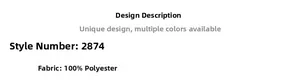 Detail specifications showing 100% polyester fabric material and style number 2874 for top