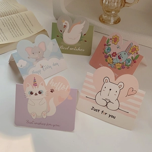 Set of five cartoon animal greeting cards with cute swan and bear illustrations