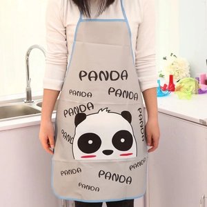 Detail of grey waterproof kitchen apron featuring a cute cartoon panda and text print