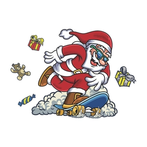 Cartoon Weihnachtsmann auf Skateboard Wandaufkleber für Bad und Heimdeko
