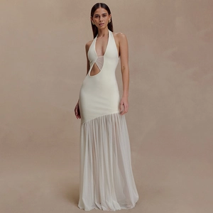 Abito Lungo Halter Donna Sexy Cut Out Schiena Scoperta Poliestere Mesh Patchwork Arricciato Aderente Festa Clubwear
