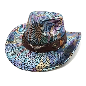 Iridescent Colorful Snake Skin Western Cowboy Hat With Bull Head Metal Decoration Party Fashion
