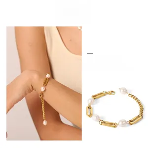 Detail of 18k gold plated stainless steel pearl bracelet with irregular pearls on wrist